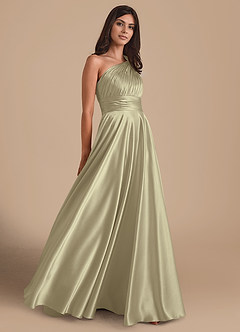 Azazie Charlize Bridesmaid Dresses Moss Green A-Line One Shoulder Metallic Satin Dress image4