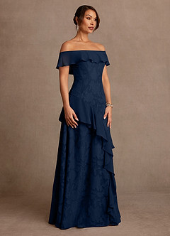 Azazie Marina Mother of the Bride Dresses Dark Navy A-Line Off the Shoulder Floral Burnout Dress image3