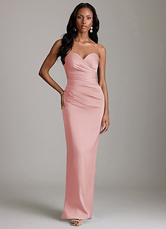 Azazie Sonora Vestidos de damas de honor Vestido de Rosa Empolvado de Satén Elástico de Corte Recto con Sin tirantes image6