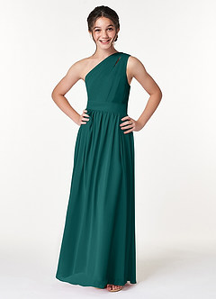 Azazie Molly Junior Abito A-Line in Chiffon Plissettato Verde Pavone image3