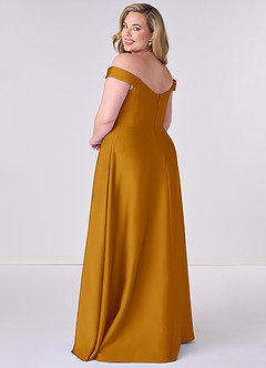 Barbie ♥ Azazie Robes de demoiselle d'honneur Robe Trapèze Convertible en Satin extensible Épaule décolletée Caramel écossais image8