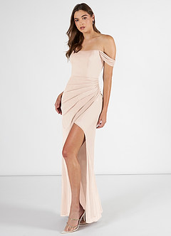 Azazie Kit Bridesmaid Dresses Blushing Pink Mermaid Off the Shoulder Mesh Dress image3