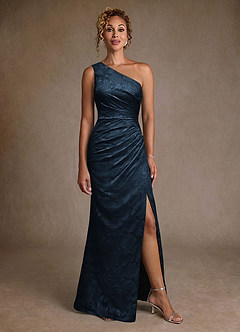 Azazie Joylin Mother of the Bride Dresses Dark Navy Trumpet One Shoulder Floral Burnout Dress image4