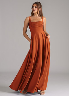Azazie Shaude Bridesmaid Dresses Cinnamon A-Line Pleated Stretch Satin Dress image3