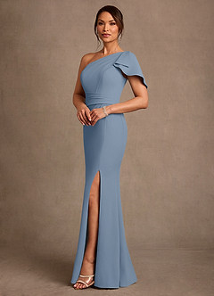 Azazie Haddie At-home Try On Dresses Dusty Blue Sheath One Shoulder Stretch Crepe Dress image3