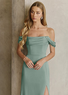 Azazie Saige Bridesmaid Dresses Silver Sage Sheath Off the Shoulder Stretch Satin Dress image2