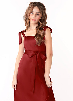 Azazie Barbara Junior Pomegranate A-Line Bow Stretch Satin Dress image5