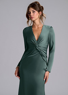 Azazie Tria Final Sale Agave Mermaid Long Sleeve Stretch Satin Dress image6