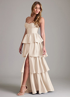Azazie Faye Bridesmaid Dresses White Alabaster A-Line Ruched Stretch Satin Dress image3
