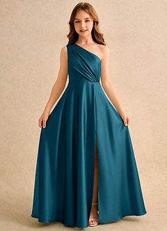 Azazie Puddles Girls Formal Robe Demoiselle D'honneur Fillette Robe Trapèze en Satin extensible Une épaule Bleu Encre image5