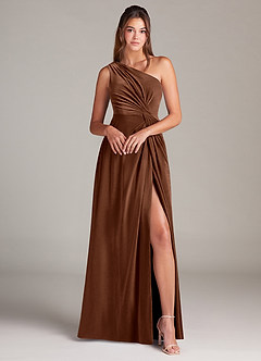 Azazie Brooke Bridesmaid Dresses Umber A-Line One Shoulder Velvet Dress image4