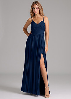 Azazie Vini Bridesmaid Dresses Dark Navy A-Line Pleated Stretch Satin Dress image3