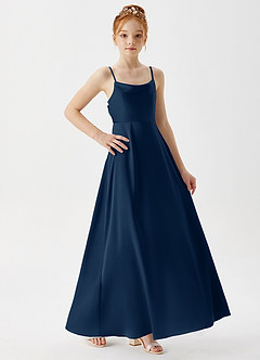 Azazie Shale Junior Dark Navy A-Line Stretch Satin Dress image4