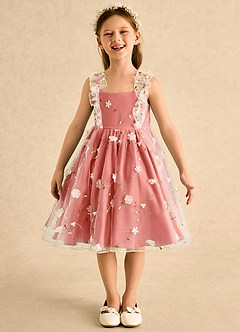 Azazie Krissie Flower Girl Dresses Salmon Pink A-Line Ruched Tulle Dress image4