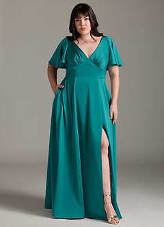 Azazie Kimber Bridesmaid Dresses Teal A-Line Ruched Stretch Satin Dress image7