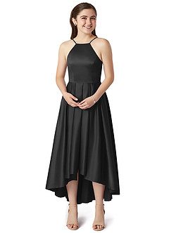 Azazie Jemima Junior Black A-Line with Pockets Stretch Satin Dress image4