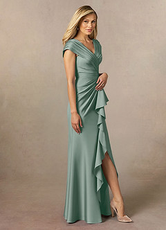 Azazie Anderson Mother of the Bride Dresses Silver Sage A-Line Pleated Stretch Satin Dress image3