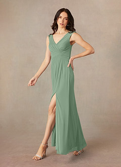 Azazie Andi Mother of the Bride Dresses Matcha A-Line Pleated Mesh Dress image2