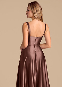 Azazie Shaude Bridesmaid Dresses Espresso A-Line Pleated Metallic Satin Dress image7