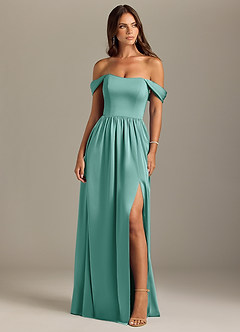 Azazie Calianna Bridesmaid Dresses Aqua A-Line Off the Shoulder Stretch Satin Convertible Dress image1