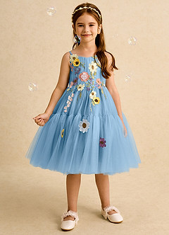 Azazie Osea Flower Girl Dresses Steel Blue Ball-Gown Pleated Tulle Dress image3