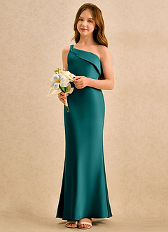 Azazie Almond Girls Formal Sukienki dla dziewczynek sypiących kwiaty Osłona Jedno ramię Satyna elastyczna Długość podłogi Sukienka image3