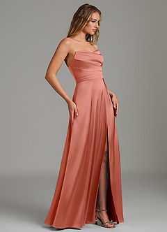 Azazie Niveah Brautjungfernkleider Wandelbar Eine Linie Schulterfrei Stretch-Satin Kleid Lachsrosa image7