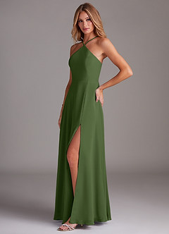 Azazie Bailey Bridesmaid Dresses Olive A-Line Halter Side Slit Chiffon Dress image3