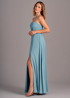 Azazie Carolyn Bridesmaid Dresses Moody Blue A-Line Pleated Chiffon Dress image3
