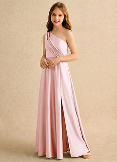 Azazie Puddles Girls Formal Robe Demoiselle D'honneur Fillette Robe Trapèze en Satin extensible Une épaule Rose Pâle image4