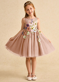 Azazie Prima Flower Girl Dresses Champagne Rose A-Line Bow Tulle Dress image1