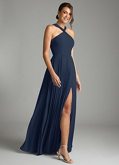 Azazie Afra Abiti da Damigella Abito A-Line in Chiffon Plissettato Marino Scuro image3