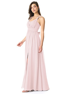 Azazie Olani Robes de demoiselle d'honneur Robe Trapèze Convertible en Mousseline de soie Épaule décolletée Rose Pâle image4