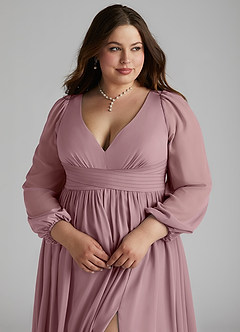 Azazie Norah Bridesmaid Dresses Dusty Rose A-Line V-Neck Long Sleeve Chiffon Dress image10