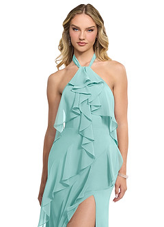 Azazie Velma Bridesmaid Dresses Aqua A-Line Side Slit Chiffon Dress image4