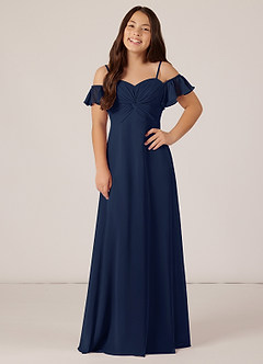 Azazie Juna Junior Dark Navy A-Line Off the Shoulder Chiffon Dress image1