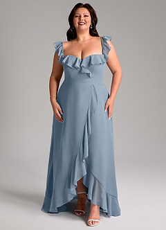 Azazie Lyra At-home Try On Dresses Dusty Blue A-Line Chiffon Convertible Dress image15