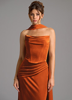 Azazie Sorrel Vestidos de damas de honor Vestido de Naranja Quemada de terciopelo de Corte Sirena Convertible con Corsé image5