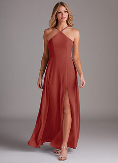 Azazie Bailey Bridesmaid Dresses Terracotta A-Line Halter Side Slit Chiffon Dress image4