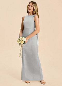 Azazie Emi Junior Silver Sheath Bow Stretch Satin Dress image2