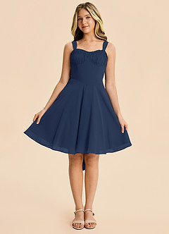 Azazie Arie Junior Robe Trapèze en Mousseline de soie Drapé Bleu Marine Foncé image6