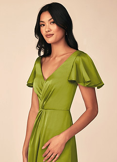 Azazie Soren Bridesmaid Dresses Lemongrass A-Line Pleated Stretch Satin Dress image7