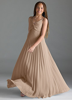 Azazie Raychelle Junior Taupe A-Line Pleated Chiffon Dress image2