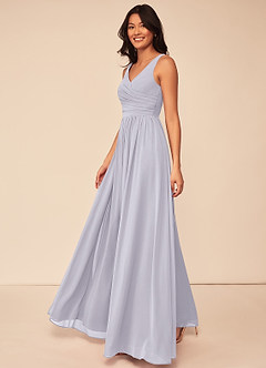 Azazie Keyla Robes de demoiselle d'honneur Robe Trapèze en Mousseline de soie Col V plissé Brume image11