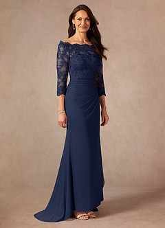 Azazie Rhonda Mother of the Bride Dresses Dark Navy Mermaid Off the Shoulder Mesh Dress image6