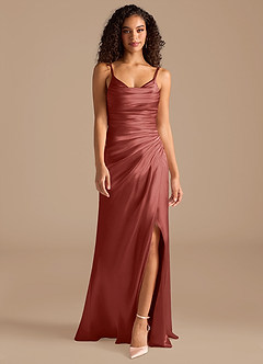 Azazie Deandra Bridesmaid Dresses Terracotta Mermaid Pleated Metallic Satin Dress image4