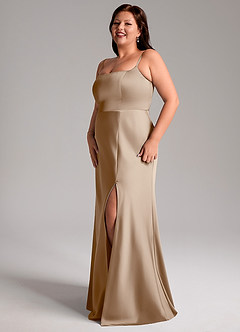 Azazie Lidia Bridesmaid Dresses Taupe Mermaid Side Slit Stretch Satin Dress image4