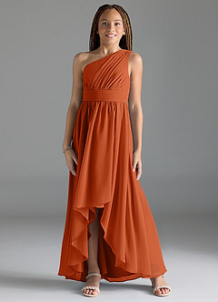 Azazie Mathilda Junior Robe Trapèze en Mousseline de soie Plissée Orange Brûlée image1