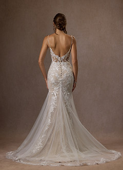 Azazie Leonie Wedding Dresses Diamond White Nude Mermaid V-Neck Sequins Tulle Dress image9