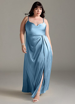 Azazie Brielle Robes de demoiselle d'honneur Robe Trapèze en Satin extensible Bretelles spaghetti Acier Bleuté image8